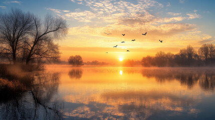 Fototapeta premium Sunrise landscape with lake, birds in sky, silhouettes on hills and trees on coast. Vector cartoon illustration of nature scenery with dawn, coniferous forest on river shore and sun on horizon