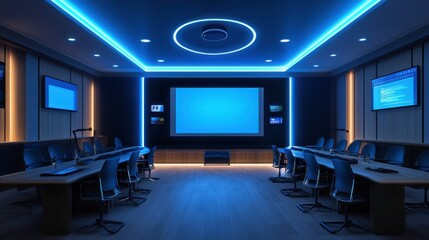 A modern conference room featuring a large projector screen, sleek furniture, and stylish blue LED lighting.