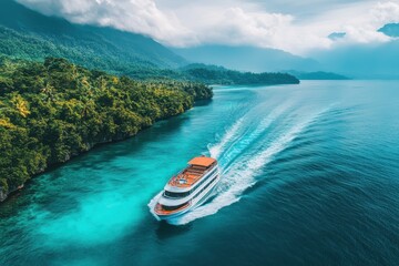 Fototapeta premium Cruise ship sailing through tropical waters. Ideal for travel, vacation, and tourism websites.