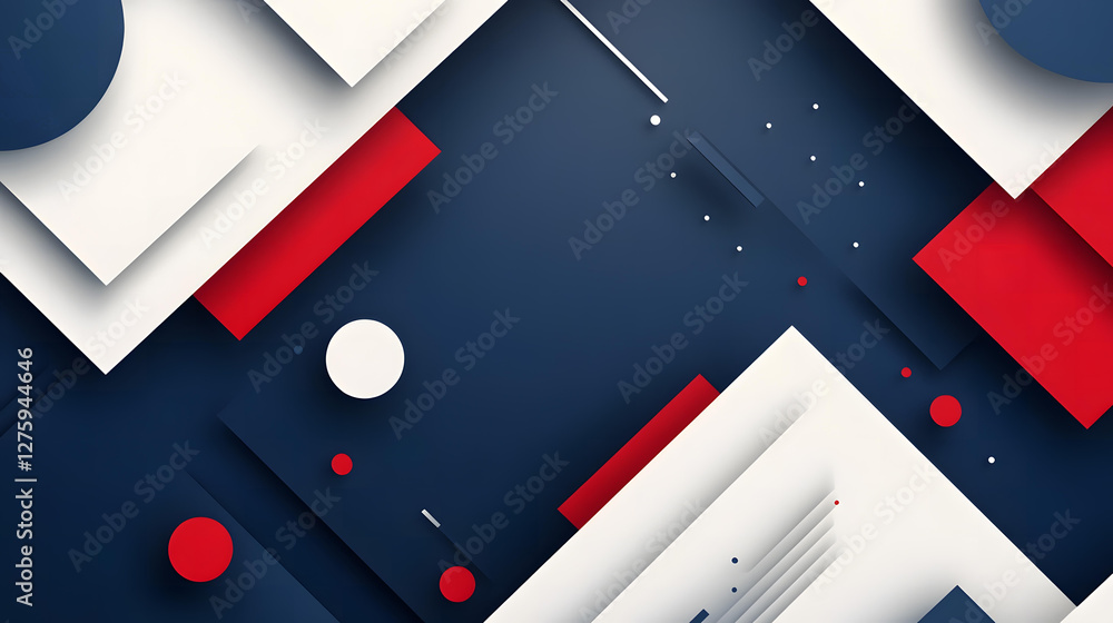 Poster abstract geometric design with red white and blue shapes and overlapping layers
