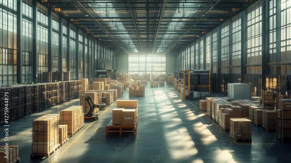 Poster a spacious warehouse filled with neatly stacked boxes, illuminated by natural light streaming throug