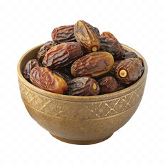 abstract 3d Royal dry dates lie in big bowl isolated on white background