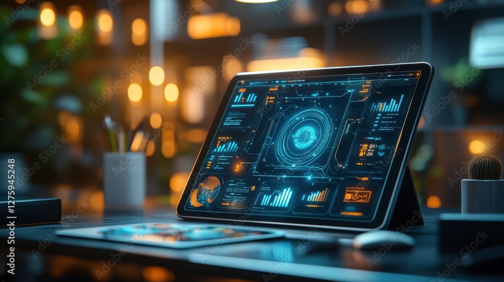 Poster a sleek tablet displays vibrant data analytics and graphs in a modern workspace, illuminated by warm