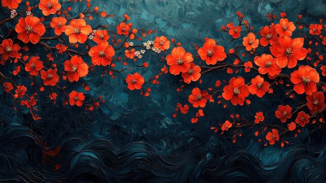 Cherry Blossoms, Teal Wall, Abstract, Background, Decor