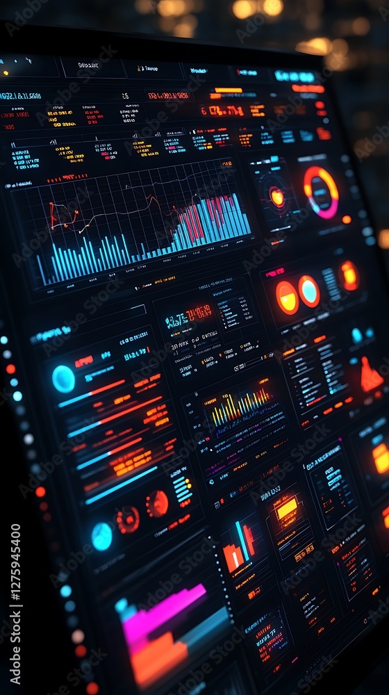 Fototapete Futuristic data visualization interface with vibrant colors and graphs.