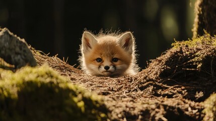 Obraz premium Adorable Red Fox Kit Peeking Through Mossy Forest Floor