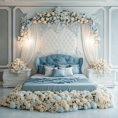 luxury light blue and grey bridal room decoration with modern bed, beautiful flowers and elegant royal carving