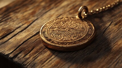A rustic handmade bronze pendant with intricate etching patterns placed on a wooden board