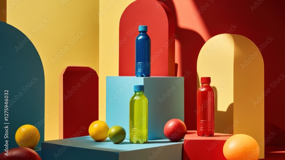 Poster vibrant display of colorful bottles on geometric platforms with playful balls in a bright setting