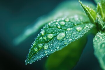 A close-up shot of a leaf with water droplets glistening on its surface