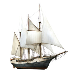 Fototapeta premium Vintage sailing ship with full sails in calm waters isolated on png transparent background, cut out