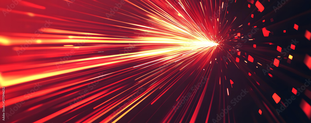 Poster abstract red and orange light streaks converging at a bright center point in a dark background, crea