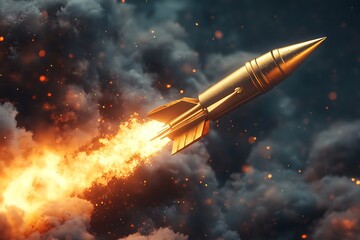 Obraz premium Golden rocket soaring through fiery clouds, showcasing boldness and power.