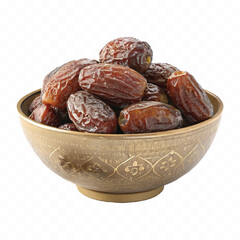 abstract 3d Royal dry dates lie in big bowl isolated on white background