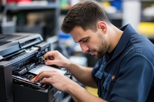 A worker maintains a printer in a industrial setting