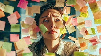 overwhelmed woman surrounded by sticky notes