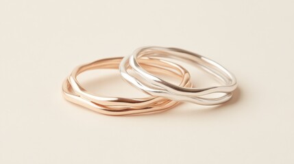 Naklejka premium A set of minimalist stacking rings in gold and silver tones displayed on a neutral background