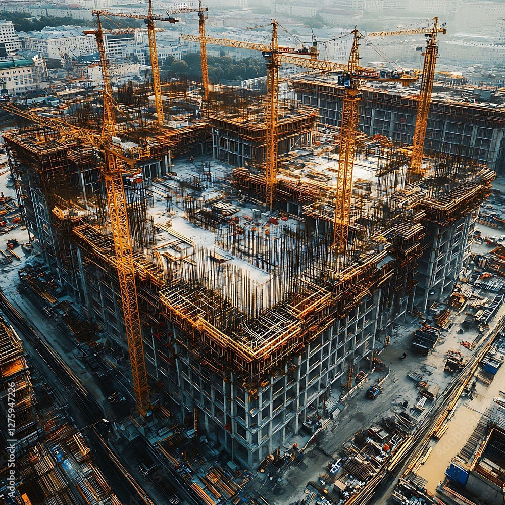 Poster Construction site with cranes and building framework under progress.