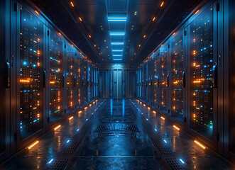 Detailed 3D Rendering of a Server Room with Node-Based Architecture, Data Center Design Elements, and Computing Hardware Integration