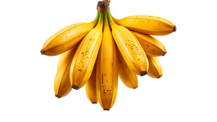 A vibrant bunch of bananas with realistic texture and natural blemishes, hanging slightly. Isolated on a pure white background