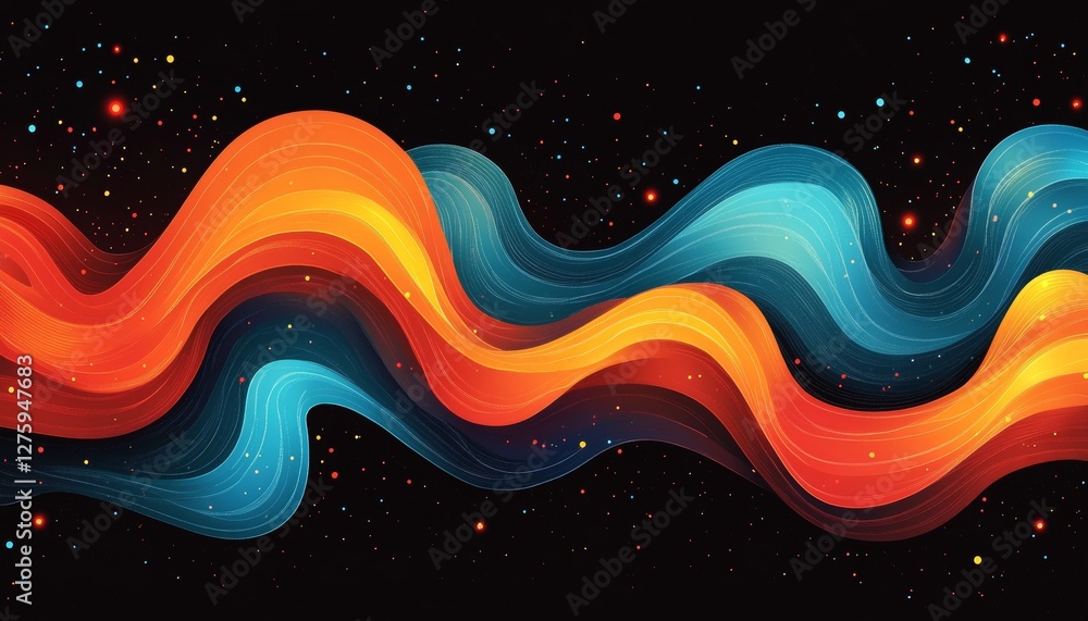Poster abstract flowing waves, dynamic blue and orange lines on a dark background with sparkling stars