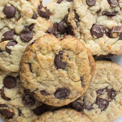Overhead view of chocolate chip cookies, top view of homemade chocolate chip cookies on a white background	