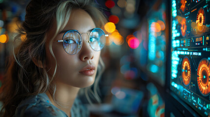 Inspirational Image of a Female IT Professional Wearing Glasses, Reading HTML Scripts and Holographic Data Visualizations, Showcasing Coding Skills, Cyber Security Research, and Data Analytics