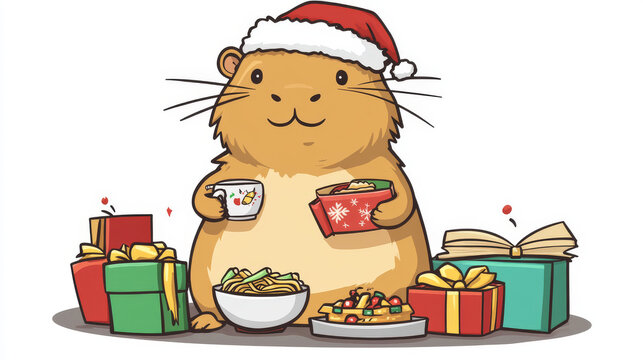 Cute capybara cartoon character mascot eating noodles, holding present, reading books, relaxing on snow, enjoying ramen. Brown furry creature wearing Christmas hat for holiday stickers, greeting card.