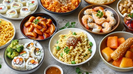 Diverse global dishes featuring pizza, pasta, sushi, and flavorful curry creations