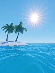 Fototapeta premium Serene tropical island with palm trees under a bright sun and clear blue ocean waves