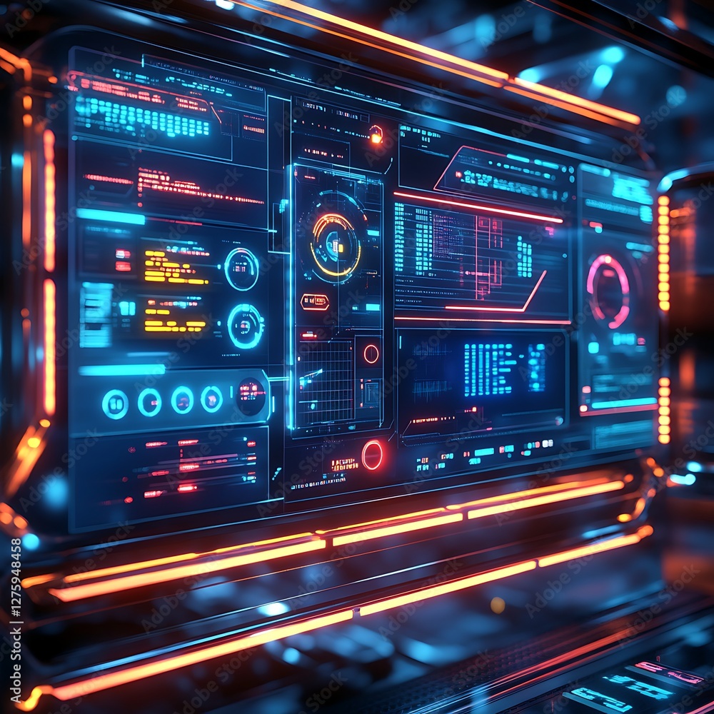 Aufkleber Futuristic digital interface with glowing elements and data displays.