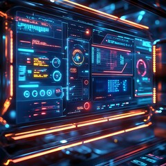 Obraz premium Futuristic digital interface with glowing elements and data displays.