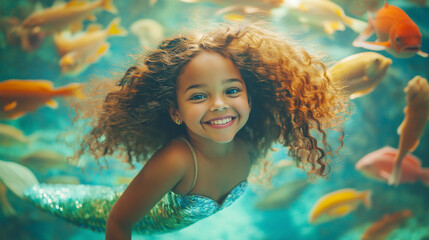 A little mixed-race girl with curly hair, smiling, with a mermaid tail at the bottom of an aquarium, swimming around corals