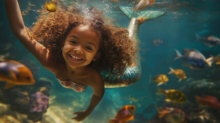 A little mixed-race girl with curly hair, smiling, with a mermaid tail at the bottom of an aquarium, swimming around corals