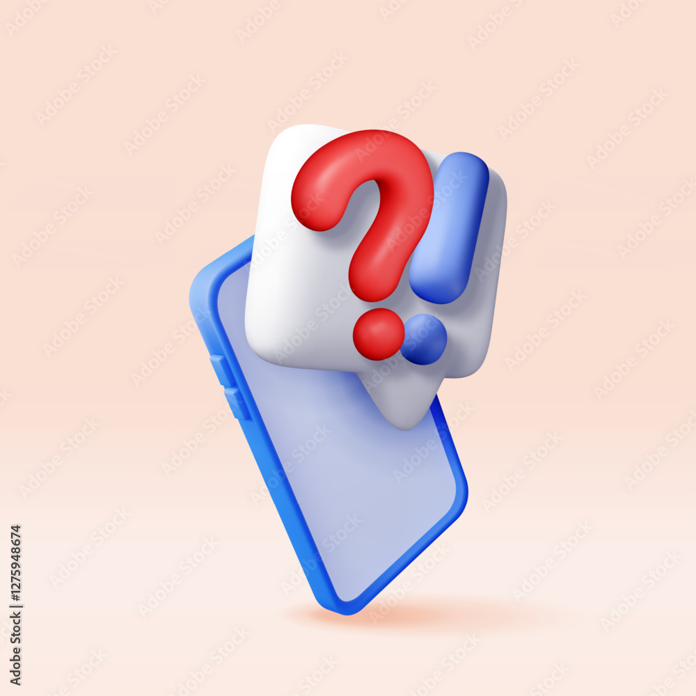 Poster 3d question and exclamation marks in speech bubble on phone. render questions exclamations symbol. c