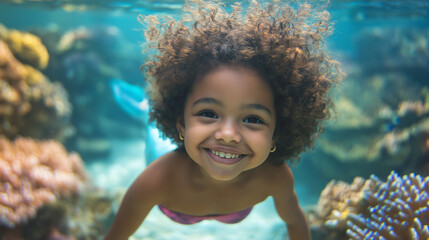 A little mixed-race girl with curly hair, smiling, with a mermaid tail at the bottom of an aquarium, swimming around corals
