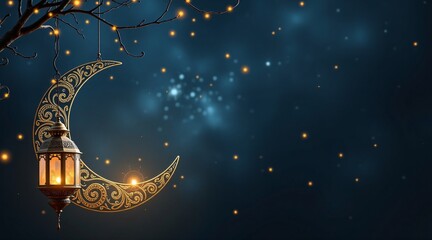 Fototapeta premium Mystical Lantern Banner. Enchanting moon lantern for website banners, holiday themes, fantasy designs. Copy space for text integration.