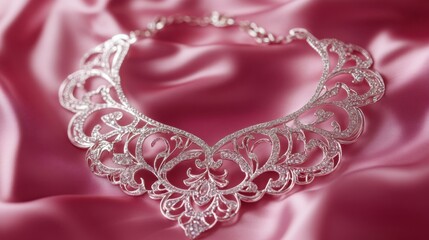 Obraz premium A sparkling silver fashion necklace with intricate detailing on a soft pink background