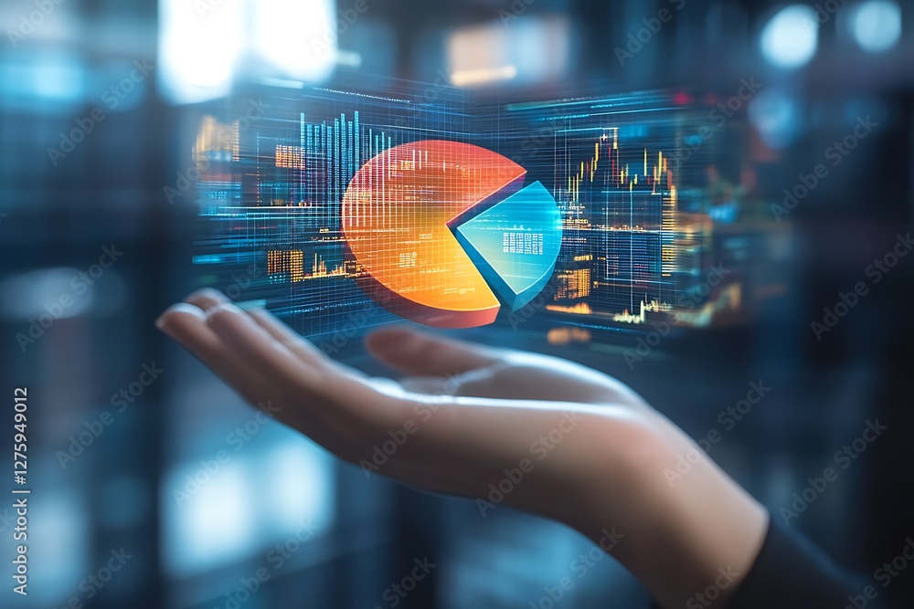 Poster Hand holding a digital pie chart with data visualizations in a futuristic setting.