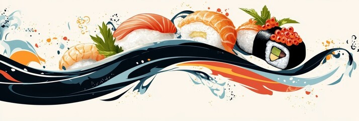 Sleek and Polished Sushi Wave Illustration for Food Enthusiasts