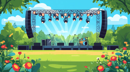 Outdoor music concert stage. Park festival open air show cartoon illustration. Summer rock fest activity entertainment. Abstract street wedding pop disco area for performance with amplifier background