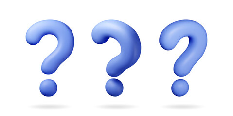 3D blue question mark isolated on white. Render question symbol. Thin realistic icon. Concept of FAQ, support and help. Problem, survey, information. Vector illustration
