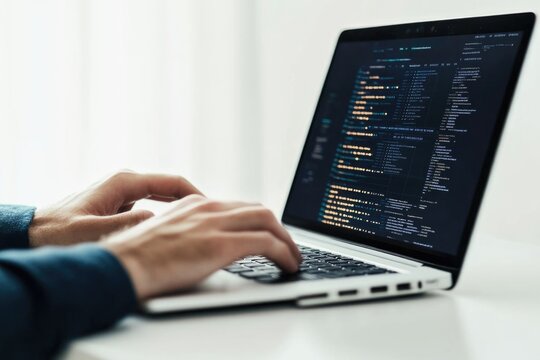 A person working on a laptop computer with keyboard and screen visible