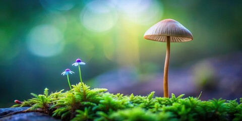 A single mushroom emerges from vibrant green moss, accompanied by delicate blue wildflowers in a soft-focus natural setting.