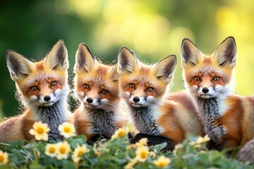 Fototapeta premium A group of foxes sitting on a lush green field, great for nature or wildlife scenes