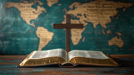 Open bible with wooden cross on world map background.