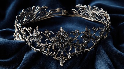 Obraz premium A vintage-inspired gold choker necklace with intricate floral details resting on a velvet surface