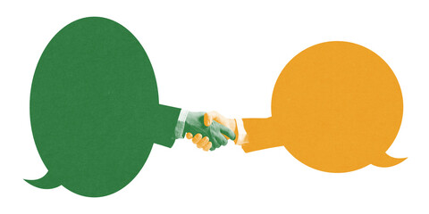Two speech bubbles shake hands, illustrating successful communication, unity, and mutual understanding between different perspectives. Concept of communication, teamwork. Abstract art