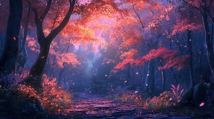 Fototapeta premium Enchanted Autumn Forest Path: A Digital Painting of Serene Nature