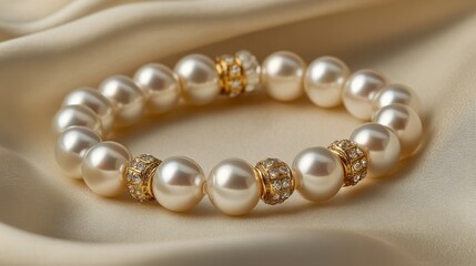 Obraz premium A vintage pearl bracelet with gold accents displayed on a soft beige silk fabric